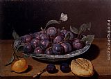 Plums Canvas Paintings - Still Life Of A Plate Of Plums And A Loaf Of Bread